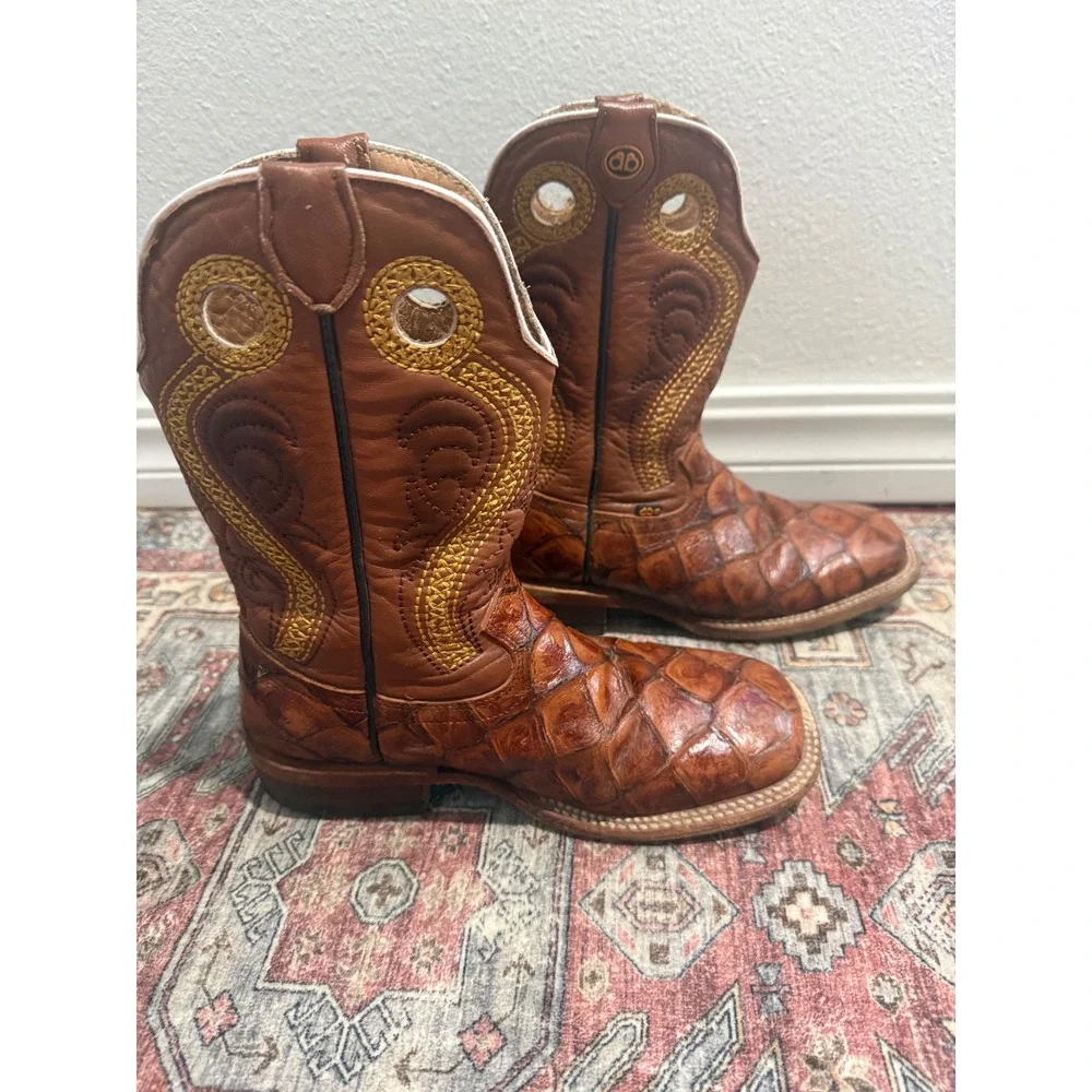 Besserro Brown Fish Skin Leather Square Toe Cowboy Boots‎ womens 5.5 EE men 4